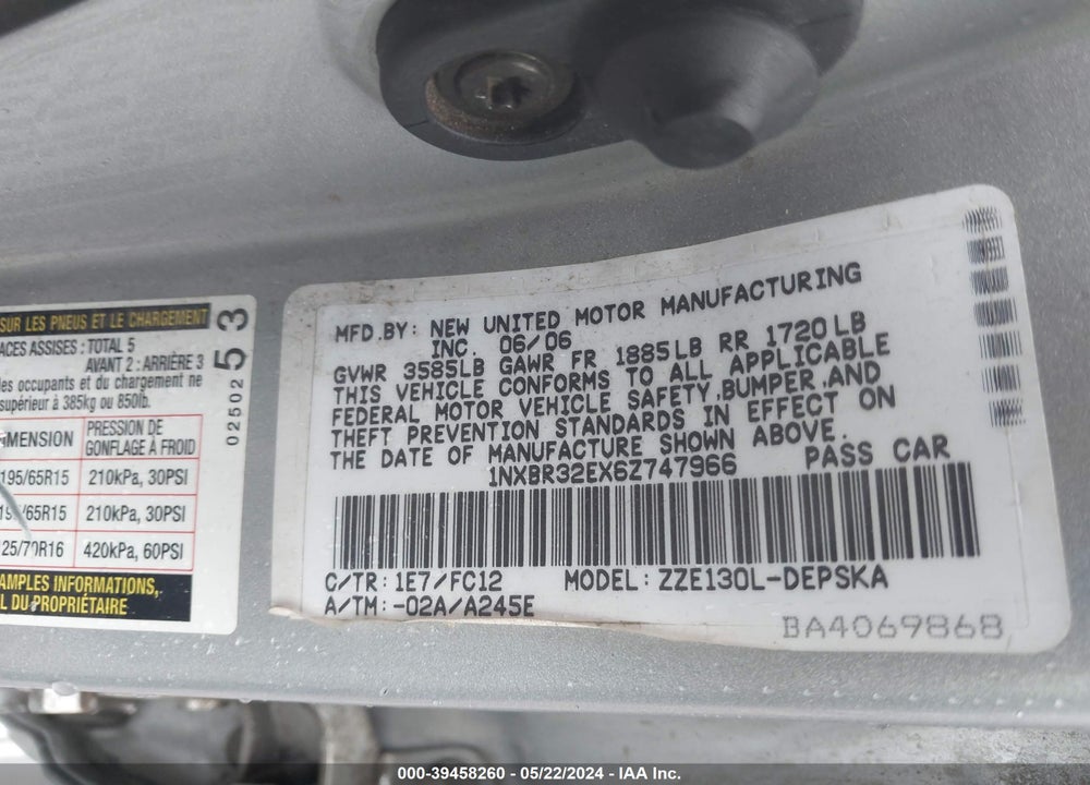 2006 TOYOTA COROLLA S VIN: 1NXBR32EX6Z747966