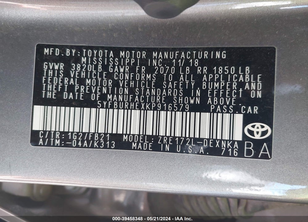 2019 TOYOTA COROLLA XLE VIN: 5YFBURHEXKP916579