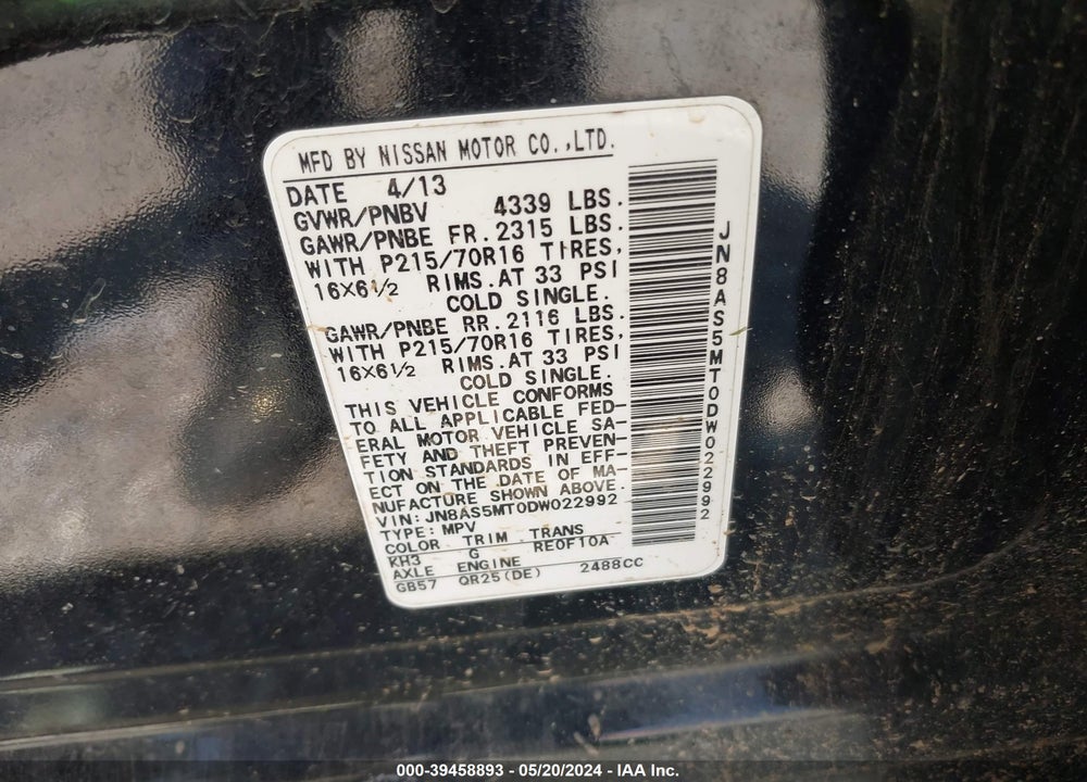2013 NISSAN ROGUE VIN: JN8AS5MT0DW022992