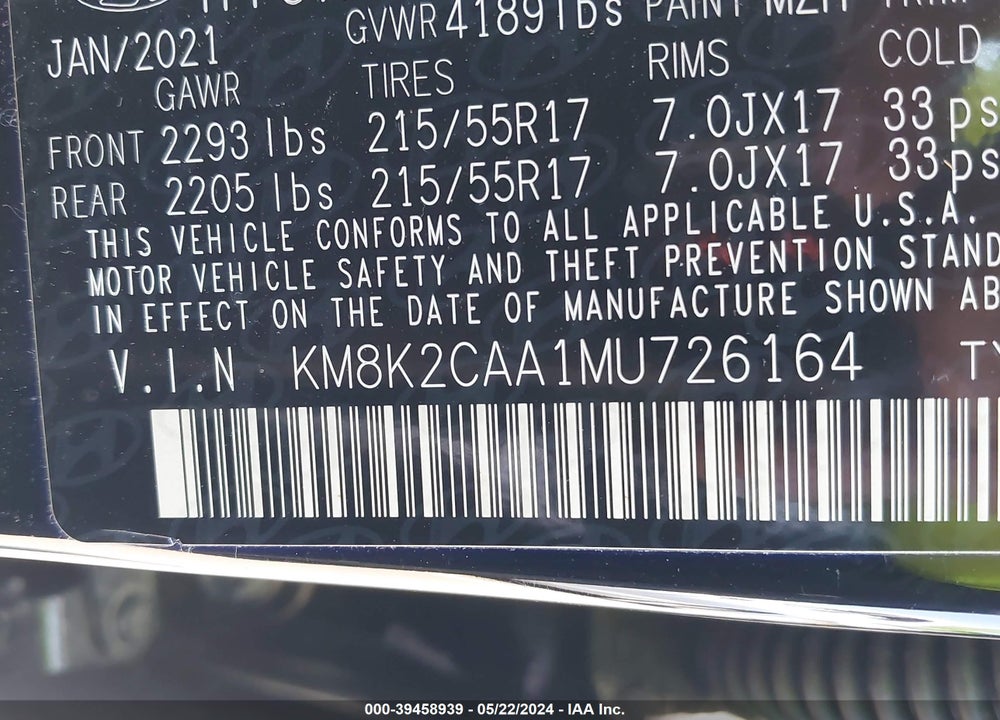 2021 HYUNDAI KONA SEL VIN: KM8K2CAA1MU726164