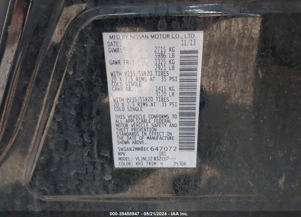 2014 NISSAN PATHFINDER PLATINUM VIN: 5N1AR2MM8EC647072