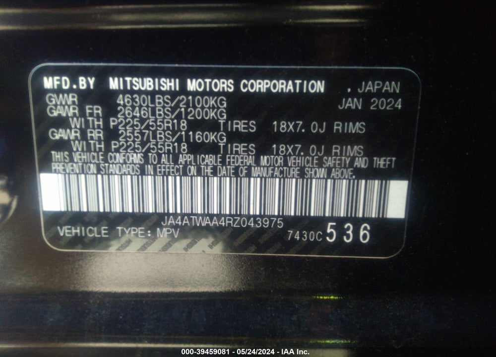 2024 MITSUBISHI ECLIPSE CROSS SE S-AWC/SEL S-AWC VIN: JA4ATWAA4RZ043975