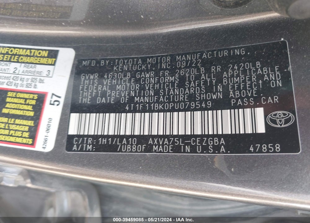 2023 TOYOTA CAMRY XLE AWD VIN: 4T1F11BK0PU079549