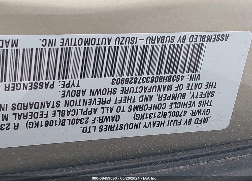 2003 SUBARU OUTBACK H6-3.0 L.L. BEAN EDITION VIN: 4S3BH806337626903