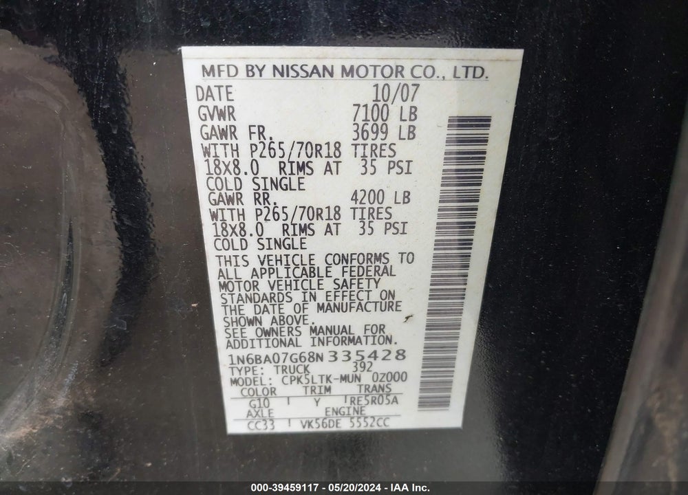 2008 NISSAN TITAN SE VIN: 1N6BA07G68N335428
