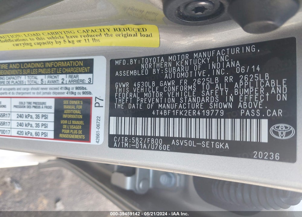 2014 TOYOTA CAMRY XLE VIN: 4T4BF1FK2ER419779