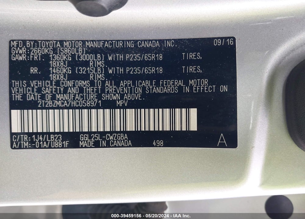 2017 LEXUS RX 350 VIN: 2T2BZMCA7HC058971