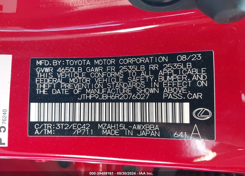 2024 LEXUS UX 250H PREMIUM VIN: JTHP9JBH6R2076027