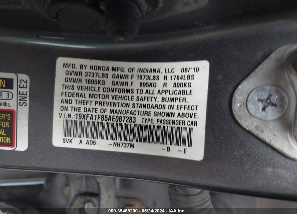 2010 HONDA CIVIC EX VIN: 19XFA1F85AE087283