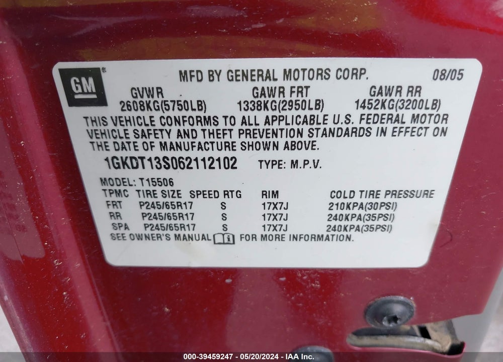 2006 GMC ENVOY SLE VIN: 1GKDT13S062112102