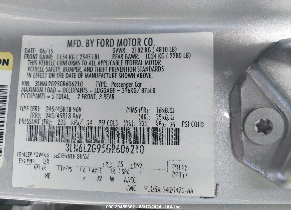 2016 LINCOLN MKZ VIN: 3LN6L2G95GR606210