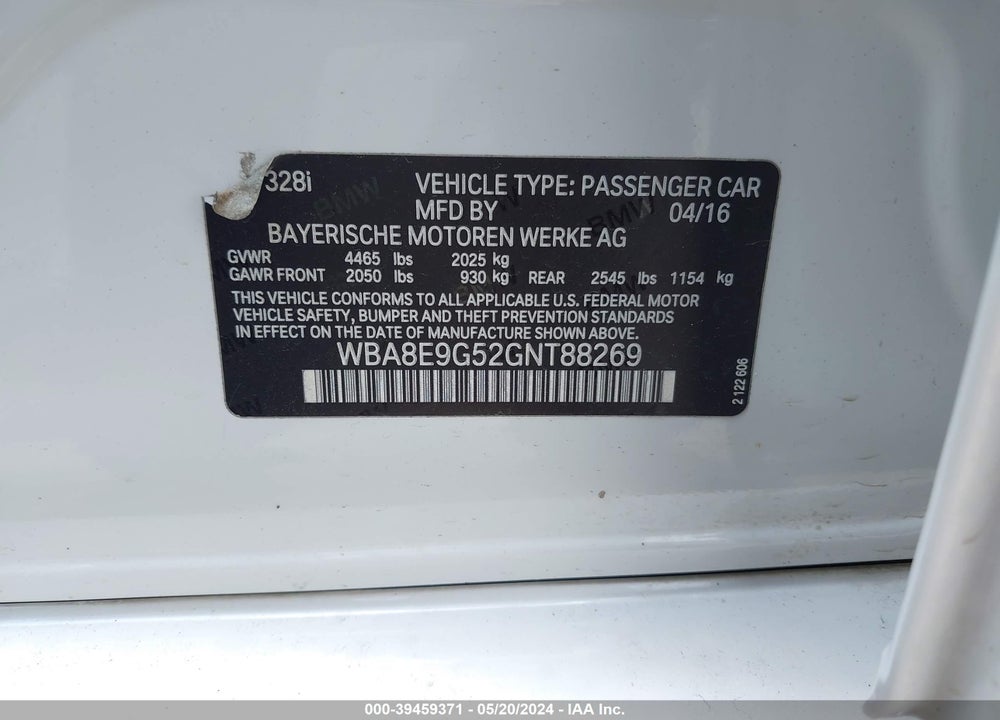 2016 BMW 328I VIN: WBA8E9G52GNT88269