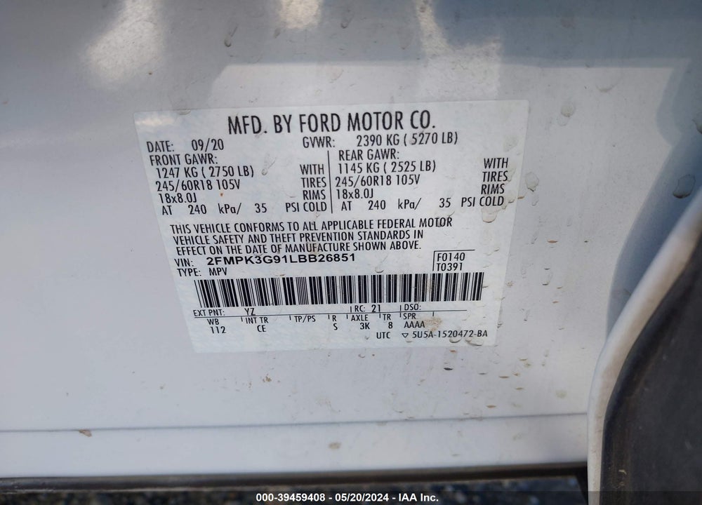 2020 FORD EDGE SE VIN: 2FMPK3G91LBB26851