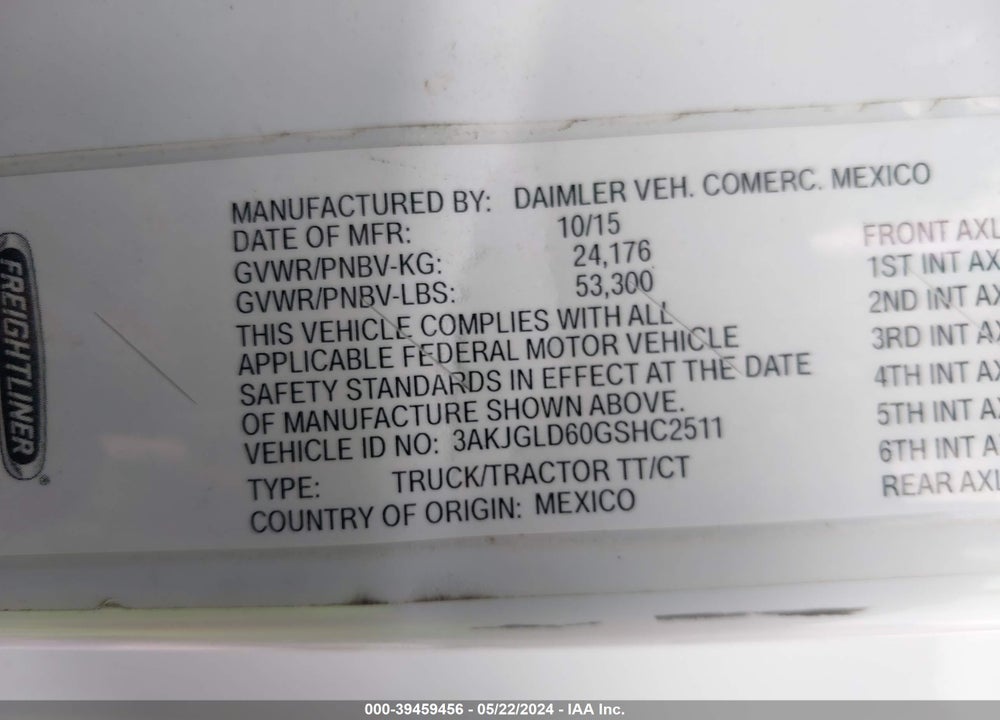 2016 FREIGHTLINER CASCADIA 125 VIN: 3AKJGLD60GSHC2511