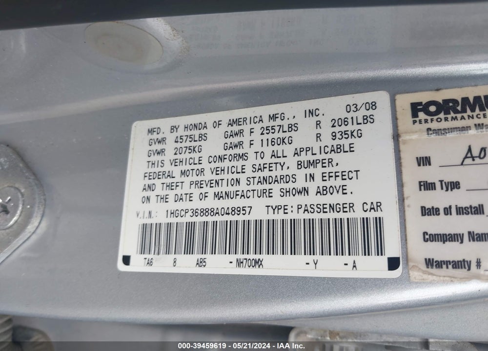 2008 HONDA ACCORD 3.5 EX-L VIN: 1HGCP36888A048957
