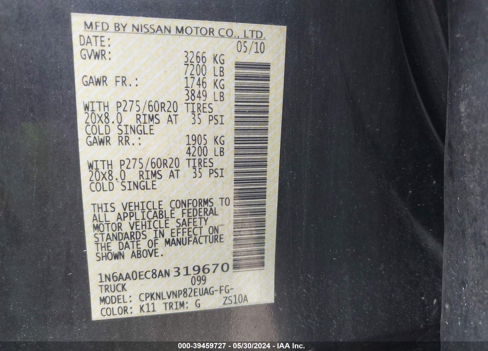 2010 NISSAN TITAN LE VIN: 1N6AA0EC8AN319670
