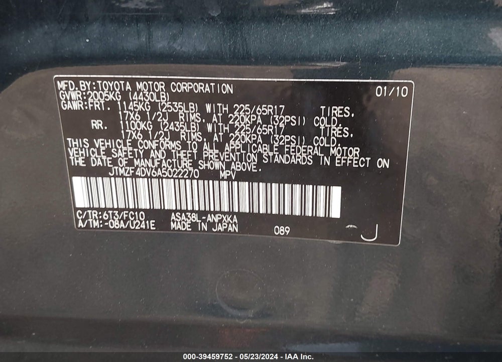 2010 TOYOTA RAV4 VIN: JTMZF4DV6A5022270
