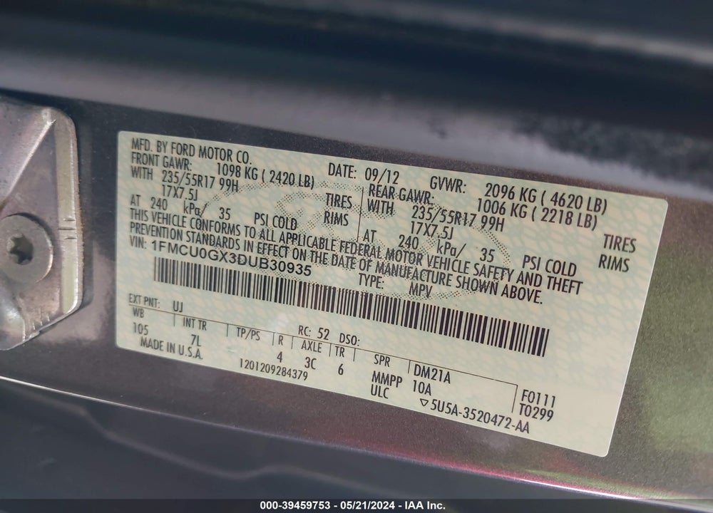 2013 FORD ESCAPE SE VIN: 1FMCU0GX3DUB30935
