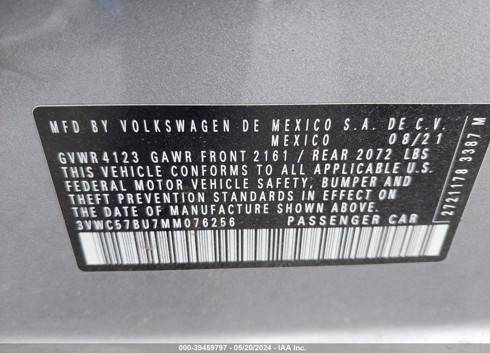 2021 VOLKSWAGEN JETTA 1.4T R-LINE/1.4T S/1.4T SE VIN: 3VWC57BU7MM076256
