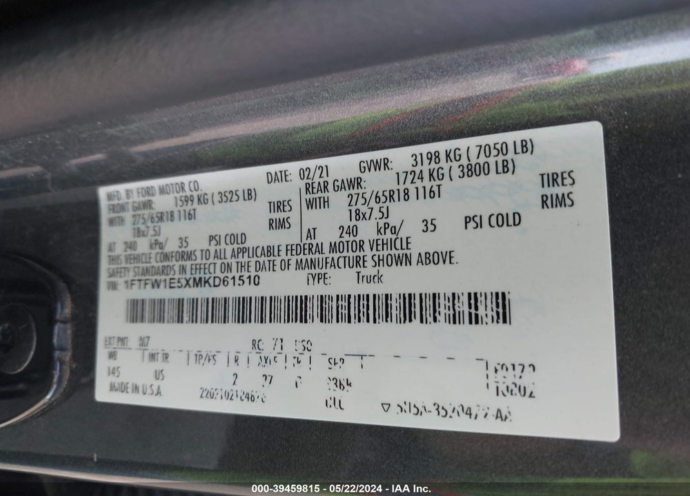 2021 FORD F-150 XLT VIN: 1FTFW1E5XMKD61510