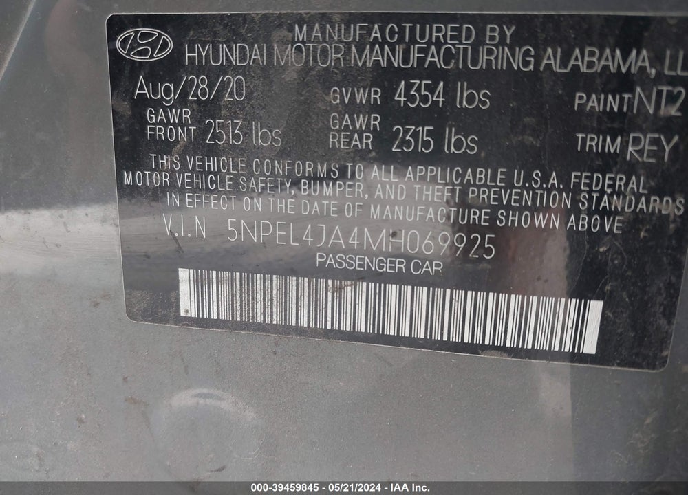 2021 HYUNDAI SONATA SEL VIN: 5NPEL4JA4MH069925