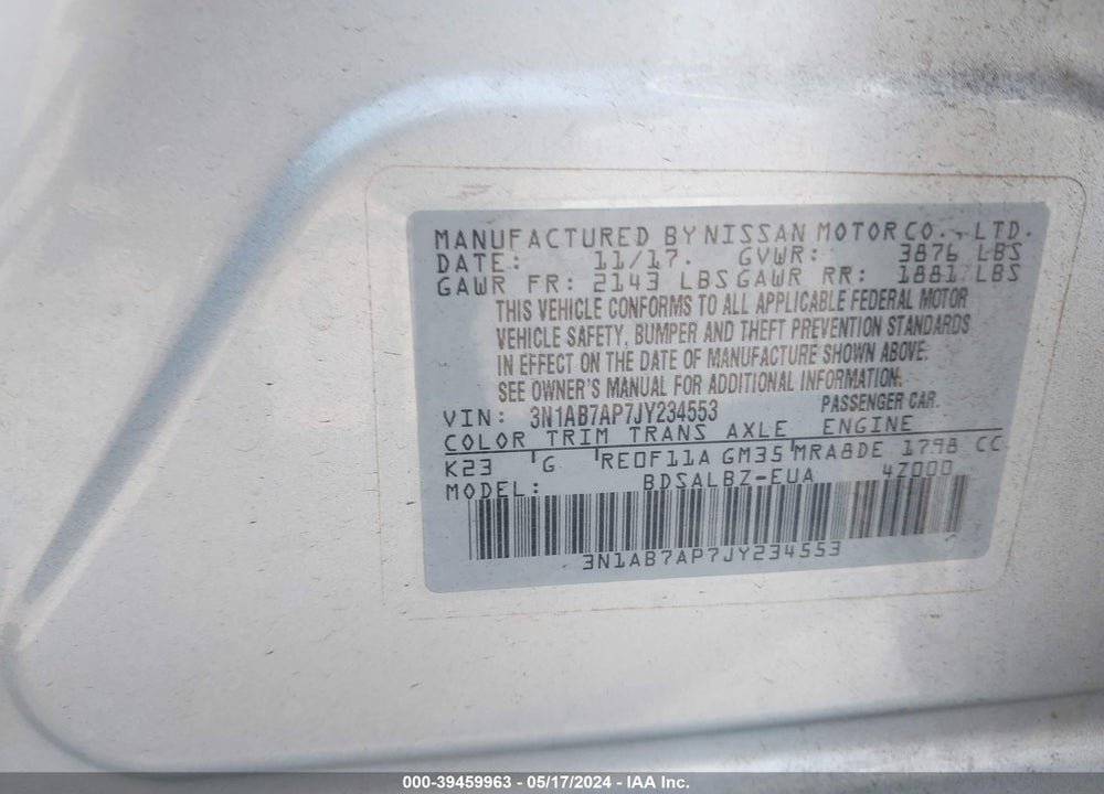 2018 NISSAN SENTRA S VIN: 3N1AB7AP7JY234553