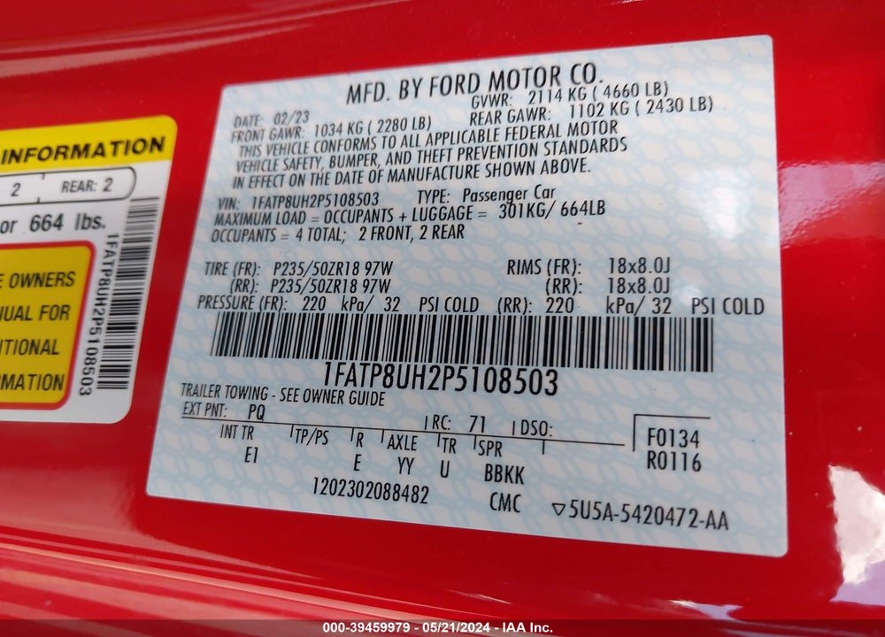 2023 FORD MUSTANG ECOBOOST PREMIUM VIN: 1FATP8UH2P5108503