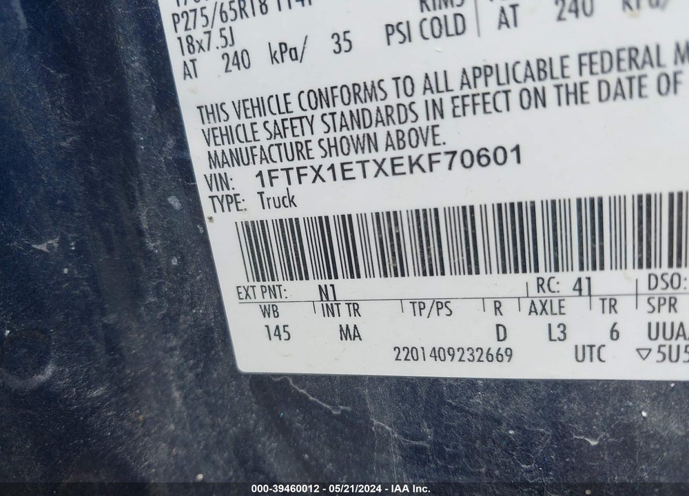 2014 FORD F-150 XLT VIN: 1FTFX1ETXEKF70601