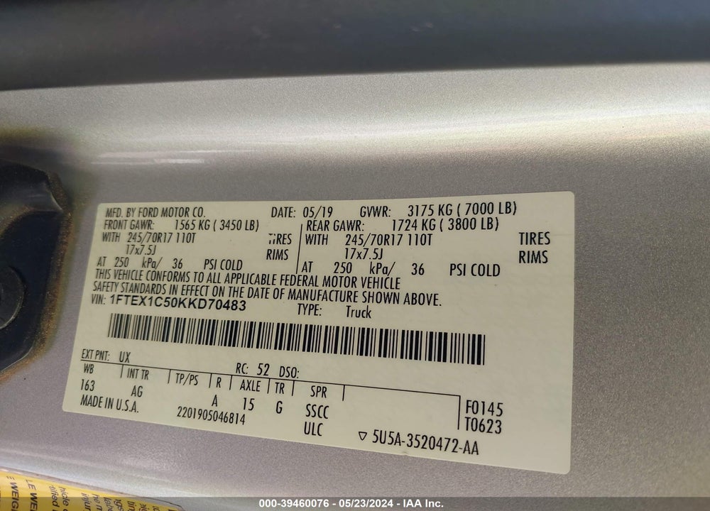 2019 FORD F-150 XL VIN: 1FTEX1C50KKD70483