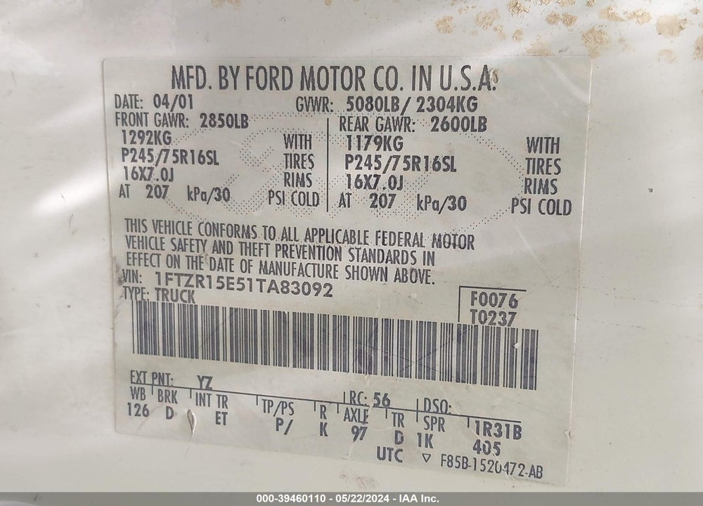 2001 FORD RANGER EDGE/XLT VIN: 1FTZR15E51TA83092