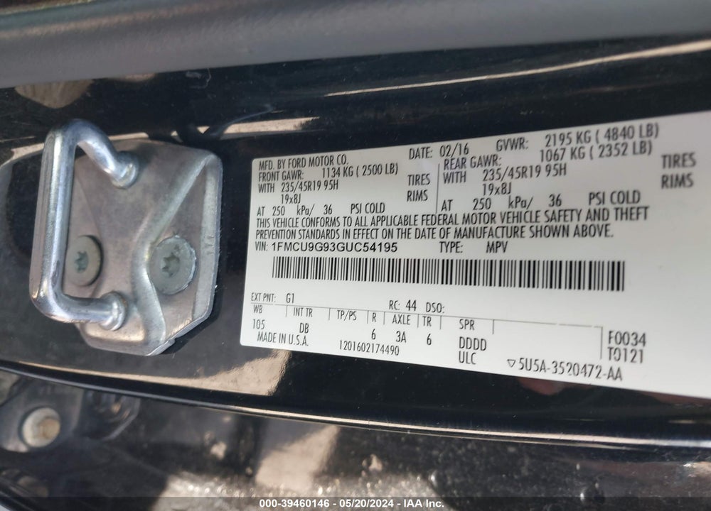 2016 FORD ESCAPE SE VIN: 1FMCU9G93GUC54195
