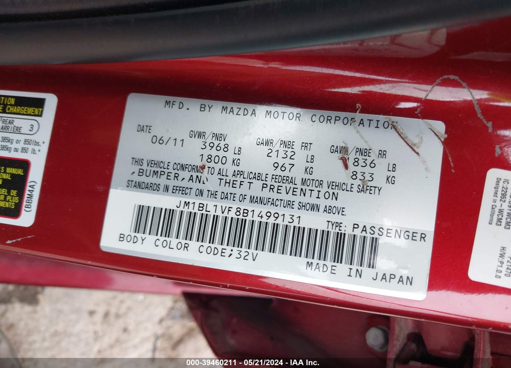 2011 MAZDA 3 I TOURING VIN: JM1BL1VF8B1499131