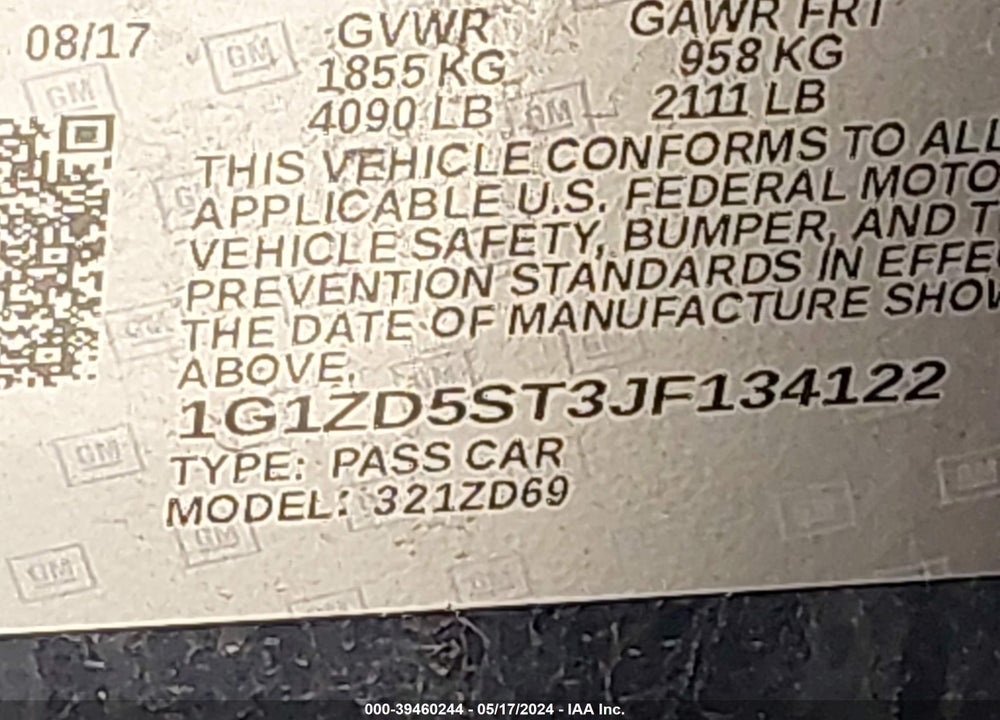 2018 CHEVROLET MALIBU LT VIN: 1G1ZD5ST3JF134122