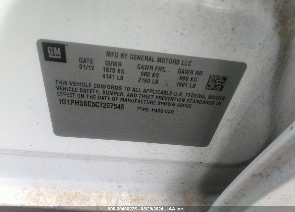 2012 CHEVROLET CRUZE LTZ VIN: 1G1PH5SC5C7257543