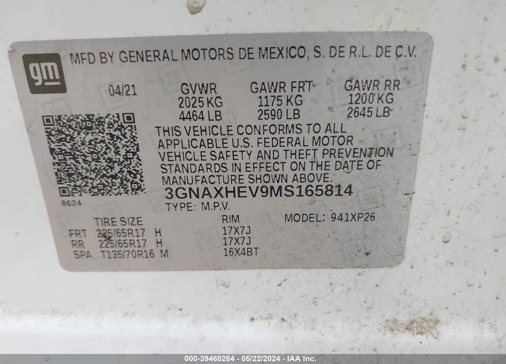 2021 CHEVROLET EQUINOX FWD LS VIN: 3GNAXHEV9MS165814
