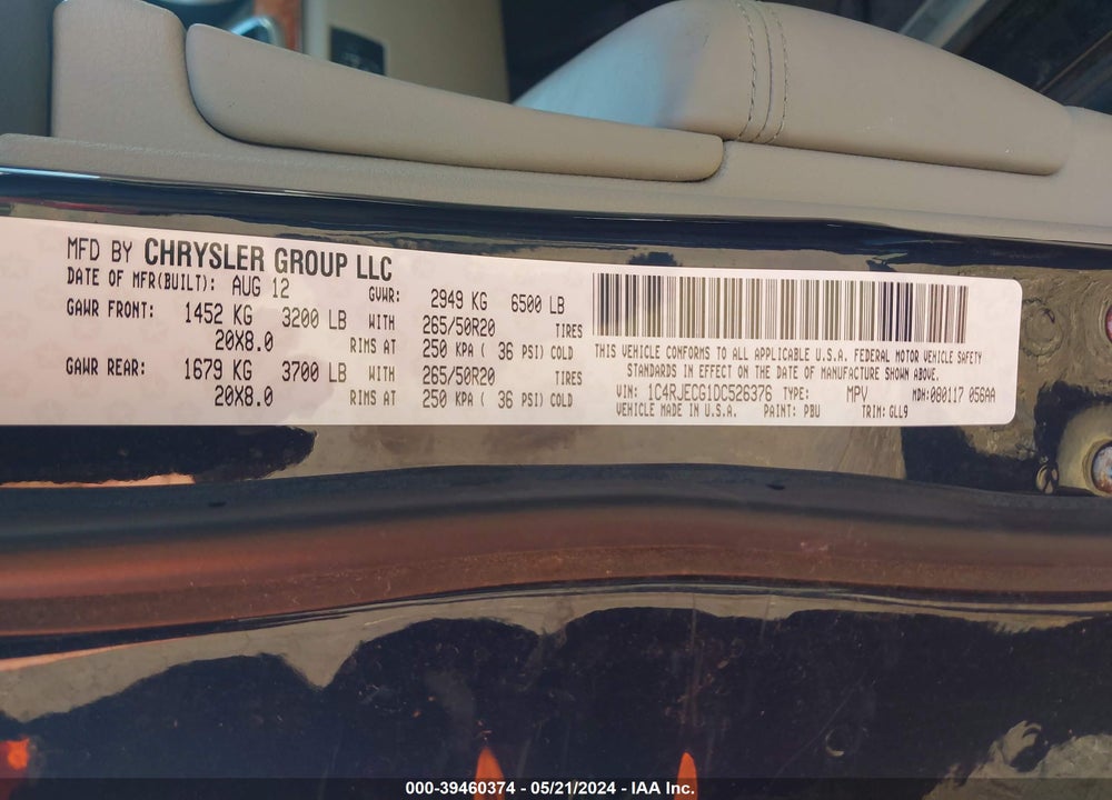 2013 JEEP GRAND CHEROKEE OVERLAND VIN: 1C4RJECG1DC526376