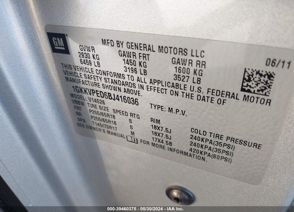 2011 GMC ACADIA SLE VIN: 1GKKVPED6BJ416036