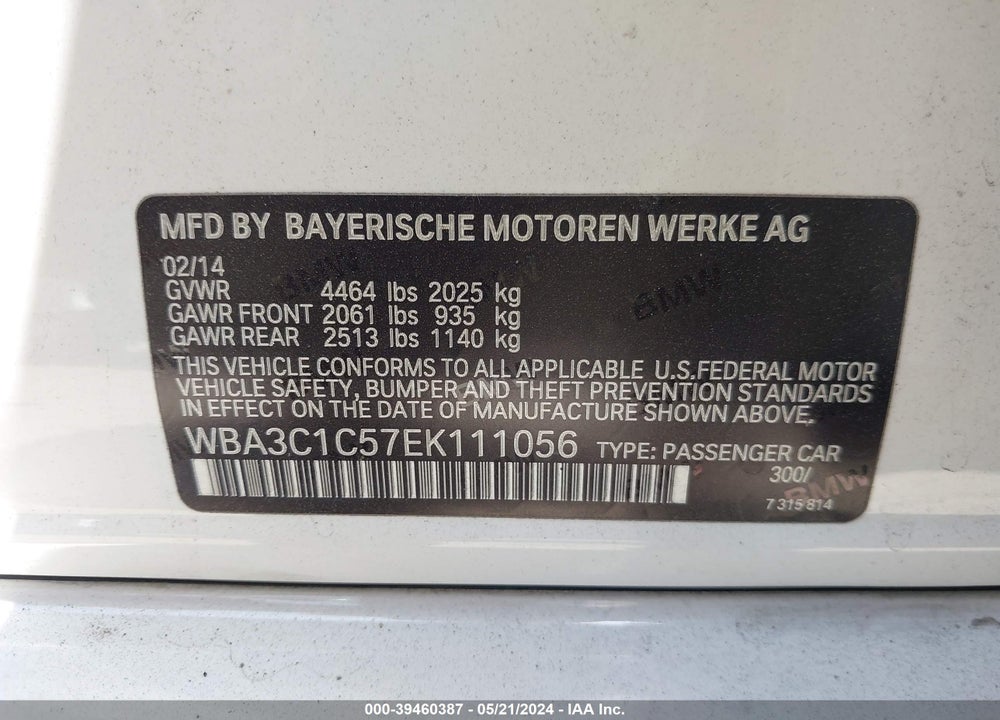 2014 BMW 328I VIN: WBA3C1C57EK111056
