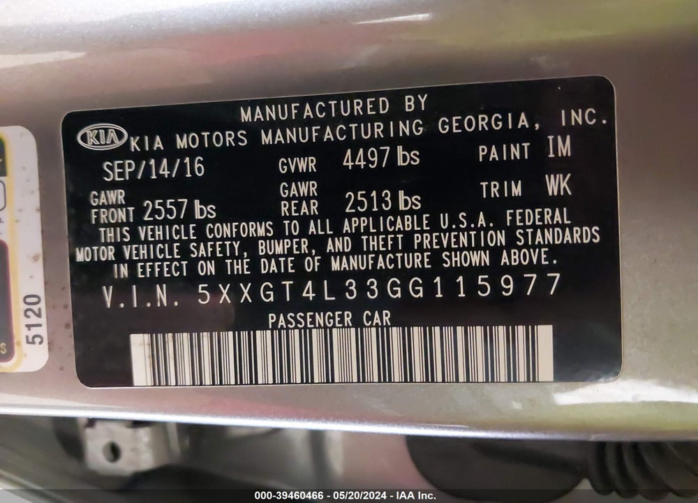2016 KIA OPTIMA LX VIN: 5XXGT4L33GG115977