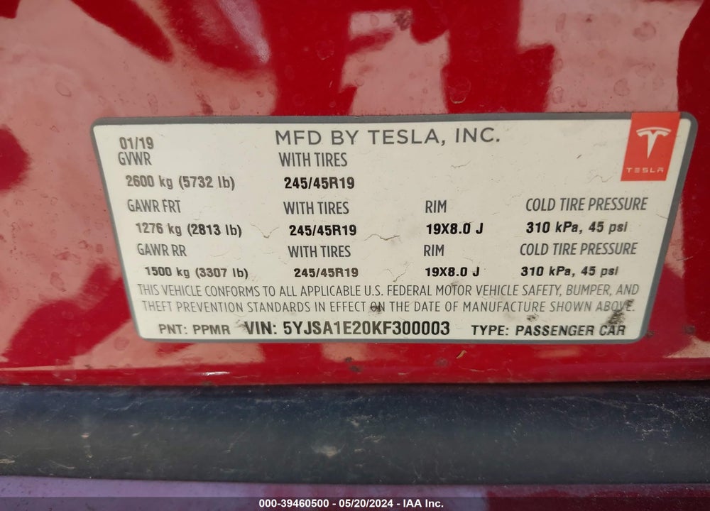 2019 TESLA MODEL S VIN: 5YJSA1E20KF300003