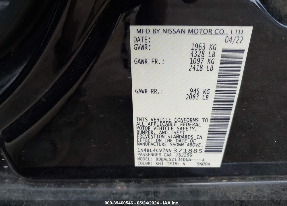 2022 NISSAN ALTIMA SR FWD VIN: 1N4BL4CV2NN371885