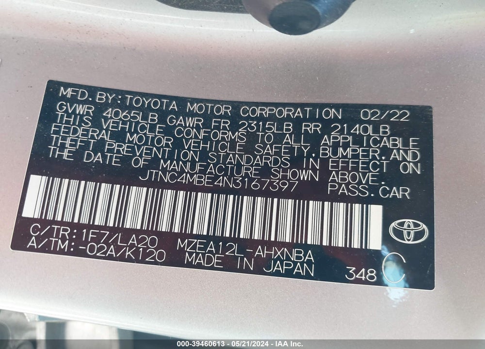 2022 TOYOTA COROLLA XSE VIN: JTNC4MBE4N3167397