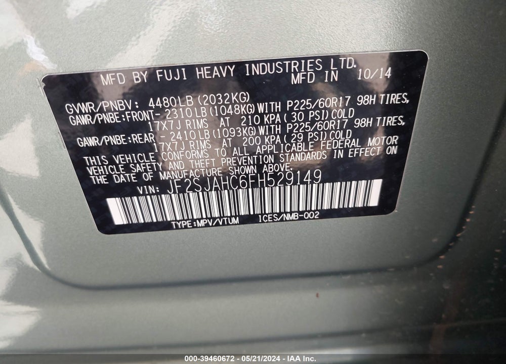 2015 SUBARU FORESTER 2.5I LIMITED VIN: JF2SJAHC6FH529149