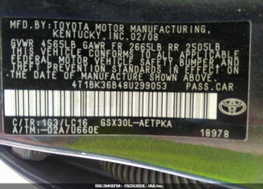 2008 TOYOTA AVALON VIN: 4T1BK36B48U299053