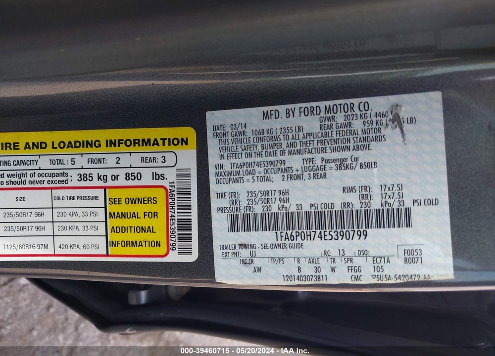 2014 FORD FUSION SE VIN: 1FA6P0H74E5390799