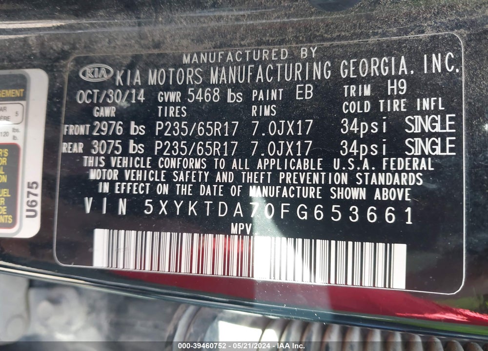 2015 KIA SORENTO LX V6 VIN: 5XYKTDA70FG653661