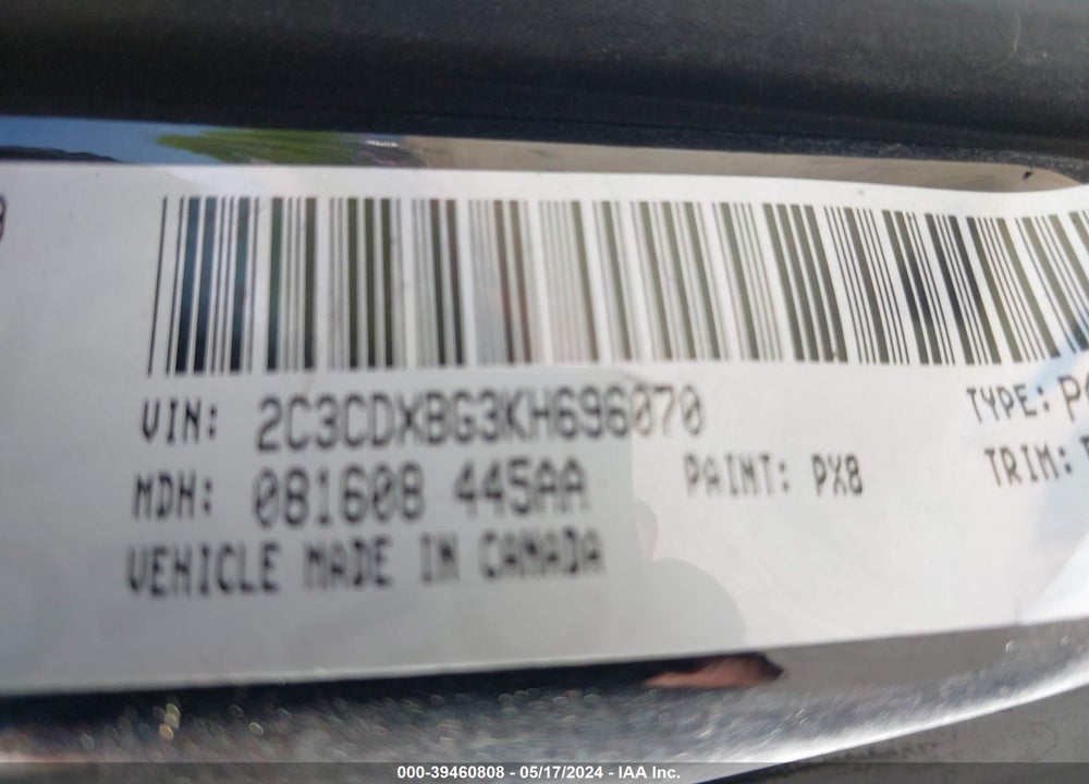 2019 DODGE CHARGER SXT RWD VIN: 2C3CDXBG3KH696070