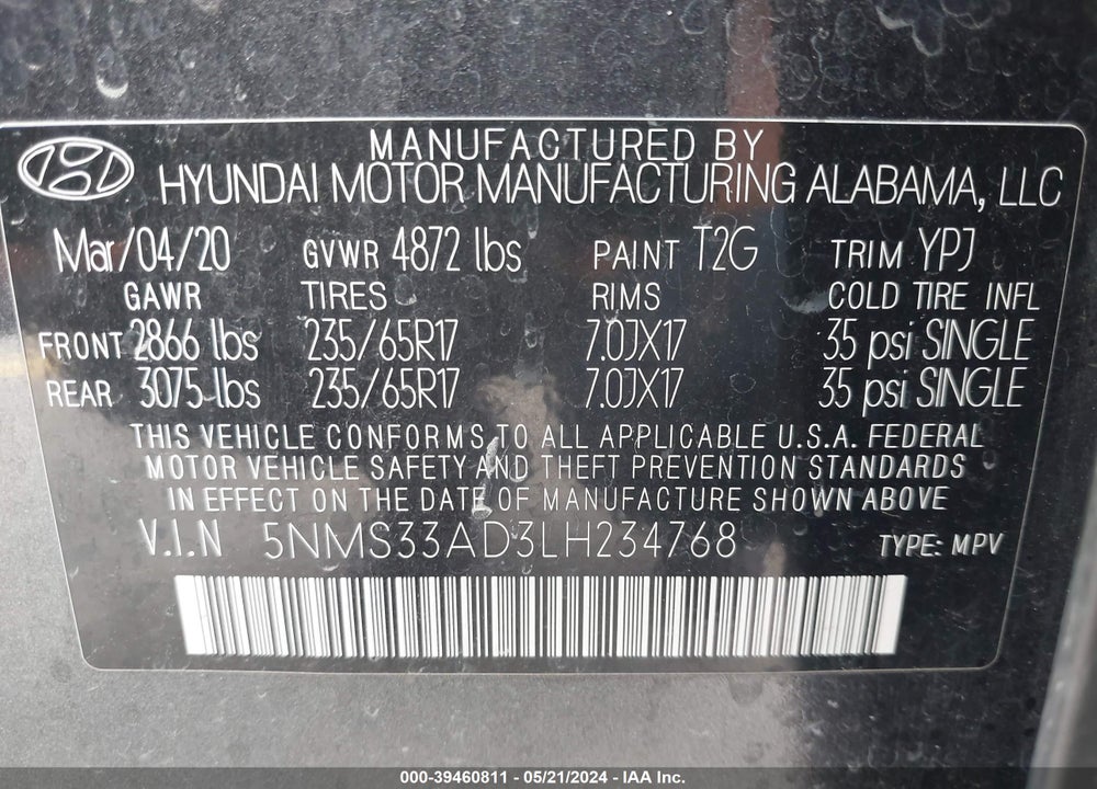 2020 HYUNDAI SANTA FE SEL VIN: 5NMS33AD3LH234768