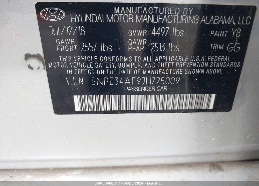 2018 HYUNDAI SONATA SEL VIN: 5NPE34AF9JH725009