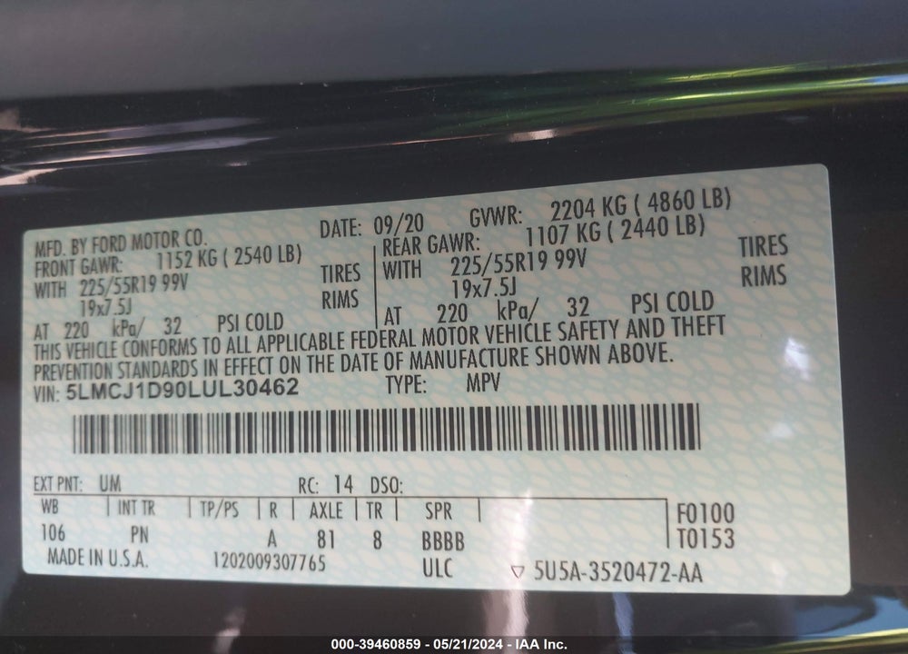 2020 LINCOLN CORSAIR STANDARD VIN: 5LMCJ1D90LUL30462